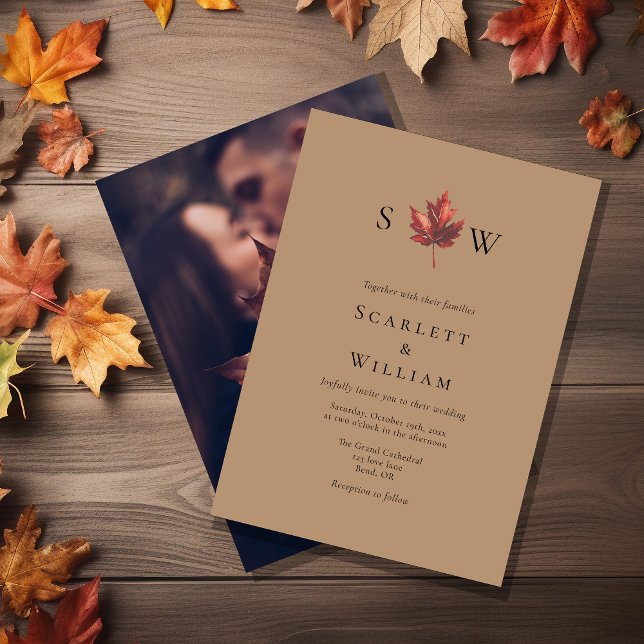 Simple Fall Leaf Terracotta Monogram Photo Wedding Invitation (Creator Uploaded)