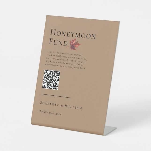 Simple Fall Leaf Terracotta Wedding Honeymoon Fund Pedestal Sign (Front)