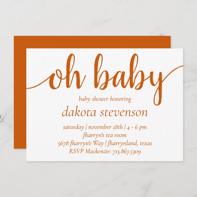 Simple Fall Oh Baby | Burnt Orange Script Shower Invitation (Front/Back)
