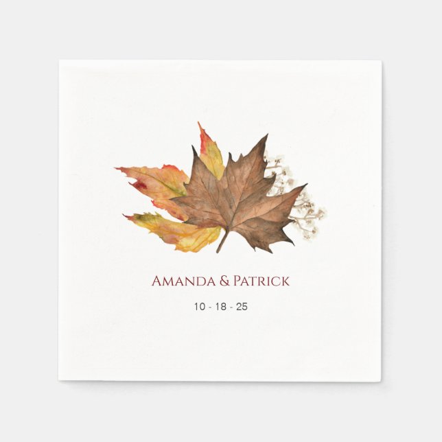 Simple Fall Watercolor Autumn Leaves, Wedding Napkin (Front)
