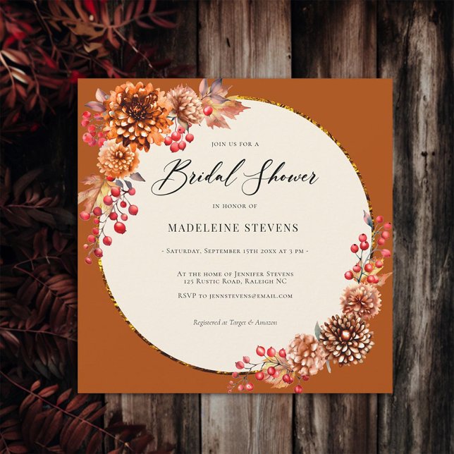 Simple Fall Wreath Mums Berries Terracotta Bridal Invitation (fall floral wreath simple bridal shower invitation mums poms berries terracotta copper burgundy)