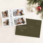 Simple Family Christmas Blessings Photo Collage Holiday Postcard<br><div class="desc">This Simple Family Christmas Blessings Photo Collage Holiday Postcard combines elegance and personalization for the perfect holiday greeting. Featuring four family photos in a clean, minimalist design, it highlights your cherished memories while offering a modern twist with its vertical “Blessings” message in elegant olive green lettering. The soft, warm tones...</div>