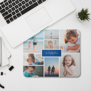 Simple Family Photo Collage & Blue Monogram Mouse Pad
