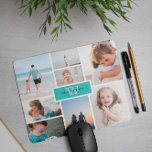 Simple Family Photo Collage & Monogram Mouse Pad<br><div class="desc">Photo mousepad where you can add eight of your own photos in a minimalist collage. At the centre,  against a robin egg blue background,  add your family name and initial.</div>