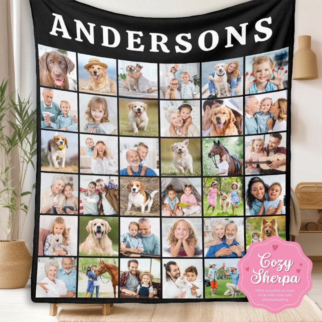 Simple Family Photo Collage Personalized Name  Sherpa Blanket (Creator Uploaded)