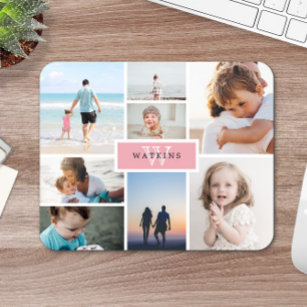 Simple Family Photo Collage & Pink Monogram Mouse Pad