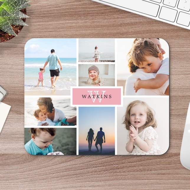 Simple Family Photo Collage & Pink Monogram Mouse Pad (Creator Uploaded)