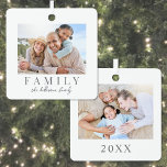 Simple Family Photo Double Sided Christmas Metal Ornament<br><div class="desc">This simple and elegant boho-inspired square Christmas ornament is a beautiful way to celebrate family during the holidays. The design features space for one photo on the front and one photo on the back, making it a double-sided keepsake to showcase your favourite memories. "Family" is displayed underneath the front photo...</div>