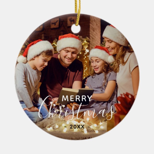Simple Family Photo Merry Christmas Ceramic Ornament (Front)