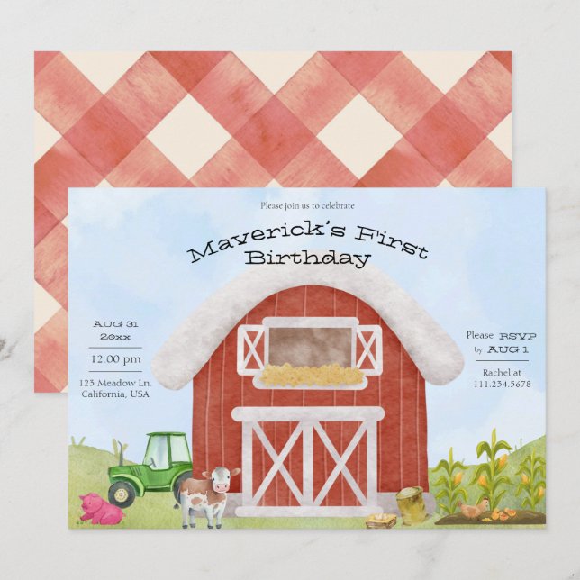 Simple Farm Fun 1er anniversaire Invitation (Devant / Derrière)