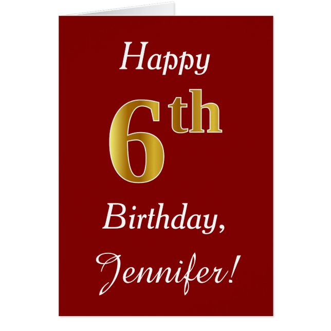 Simple Faux Gold 6th Birthday + Custom Name Card (Front)