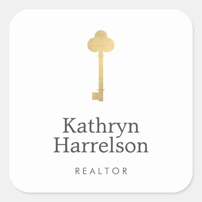 Simple Faux Gold Key Realtor Logo Square Sticker (Front)