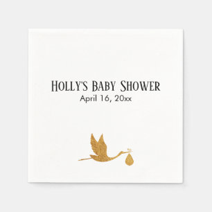 Simple Faux Gold Stork Baby Shower Name & Date Napkin