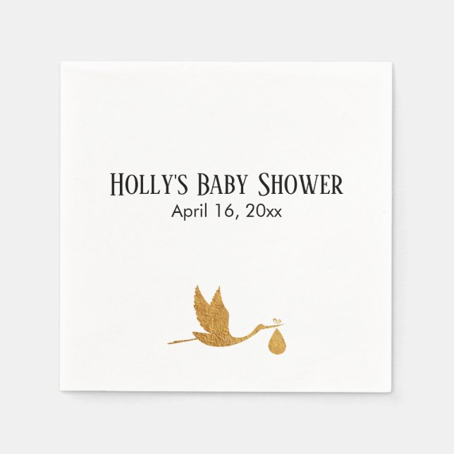 Simple Faux Gold Stork Baby Shower Name & Date Napkin (Front)