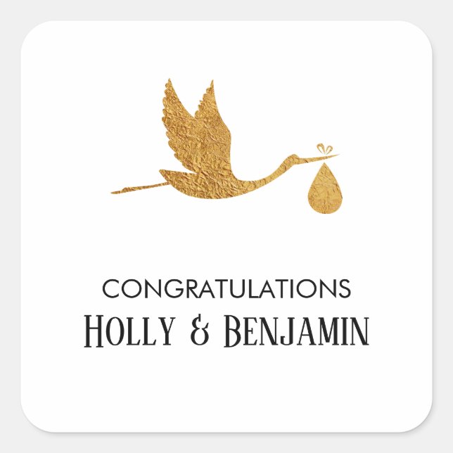 Simple Faux Gold Stork Congratulations Baby Shower Square Sticker (Front)
