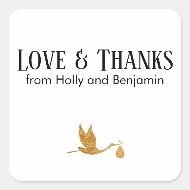 Simple Faux Gold Stork Love & Thanks Baby Shower Square Sticker (Front)