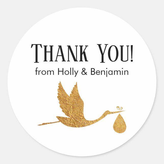 Simple Faux Gold Stork Thank You! Baby Shower Classic Round Sticker (Front)
