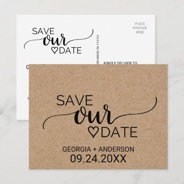 Simple Faux Kraft Calligraphy Save Our Date Announcement Postcard (Front/Back)