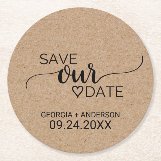 Simple Faux Kraft Calligraphy Save Our Date Round Paper Coaster (Front)