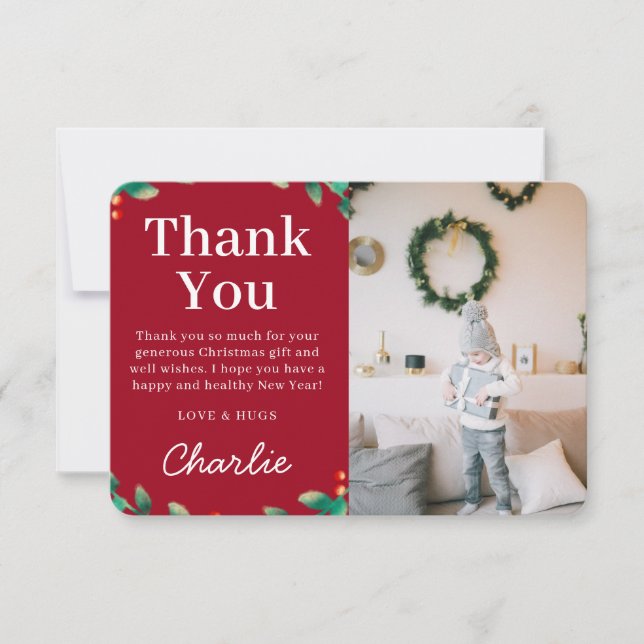 Simple Festive Holly Christmas Photo | Red Thank You Card (Front)