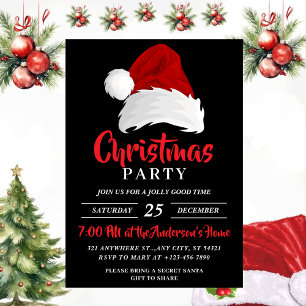 Simple Festive Santa Hat, black Christmas Party Invitation