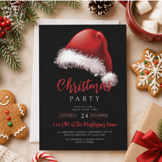 Simple Festive Santa Hat Christmas Party Invitation (Simple Festive Santa Hat Christmas Party Invitation)