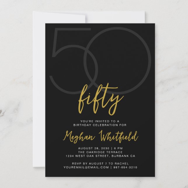 Simple Fiftieth Gold Script 50th Birthday Party Invitation (Front)