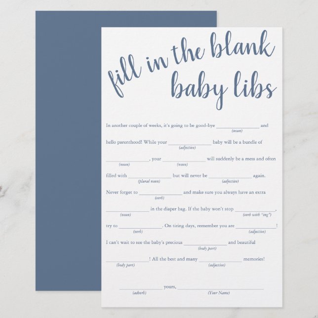 Simple Fill in the Blanks | Dusty Blue Shower Game (Front/Back)