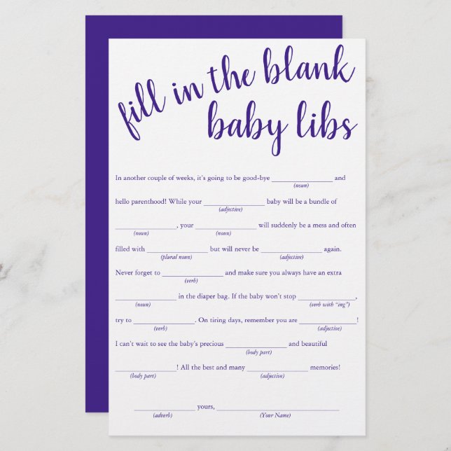 Simple Fill in the Blanks | Purple Shower Game (Front/Back)