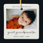 Simple First Christmas as Great Grandparents Photo Ceramic Ornament<br><div class="desc">A minimalist typography and a modern design for this photo ornament gift. To customize with your favourite baby picture. You can also easily change the colour of the font to your liking. Perfect to celebrate your First Christmas as Great Grandparents.</div>