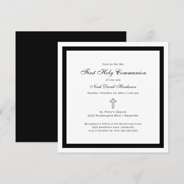 Simple First Holy Communion Black White Invitation (Devant / Derrière)
