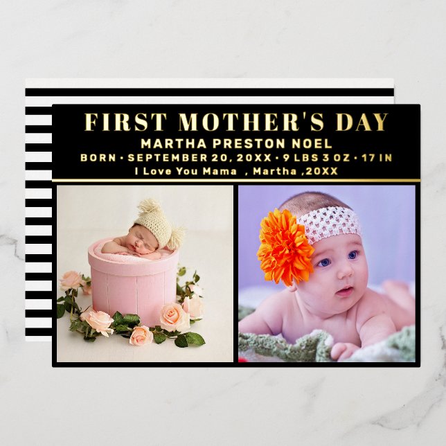 Simple First Mother's Day Picture Collage Keepsake Foil Holiday Card (Front/Back)