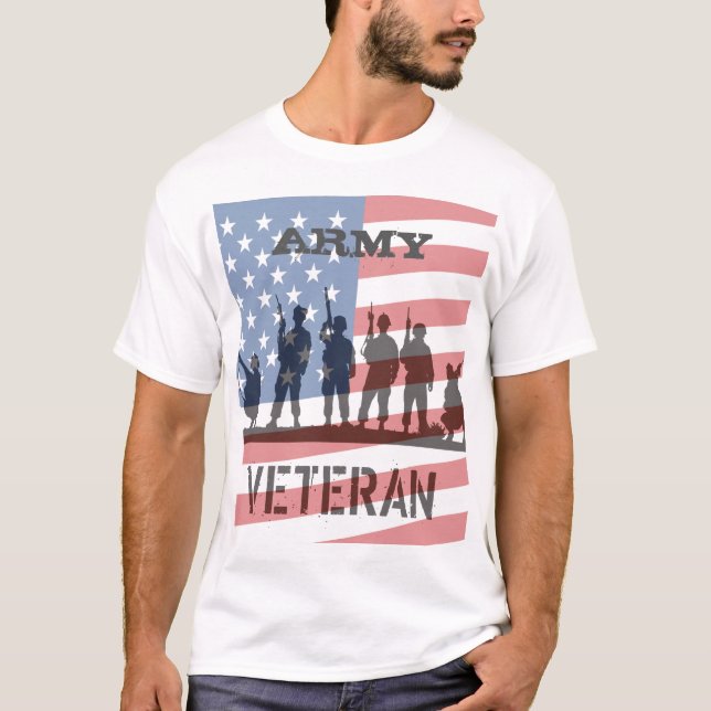 Simple Flag and Soldiers Army Veteran T-Shirt (Front)