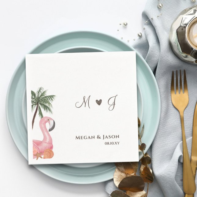 Simple Flamingo Monogrammed Beach Wedding Custom Napkin (Creator Uploaded)