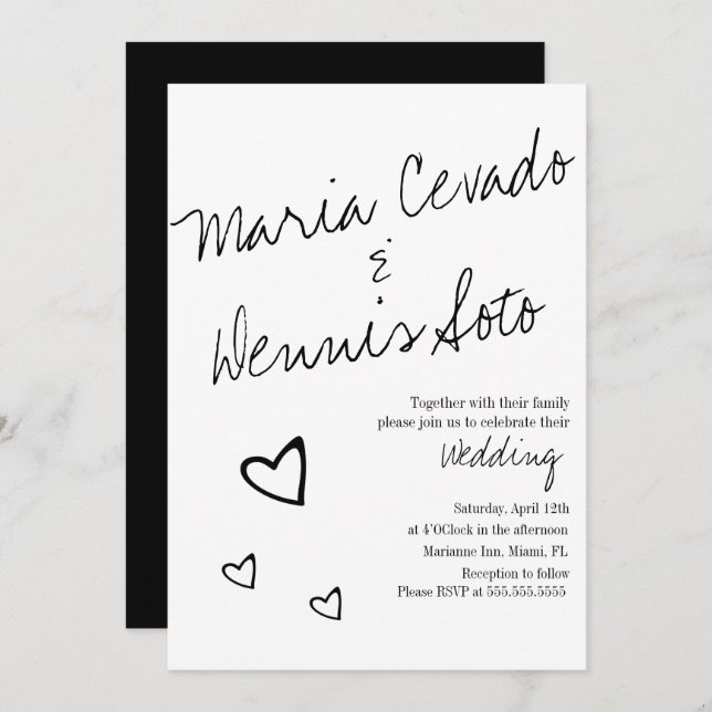 Simple Floating Hearts Lettering Script Wedding Invitation (Front/Back)