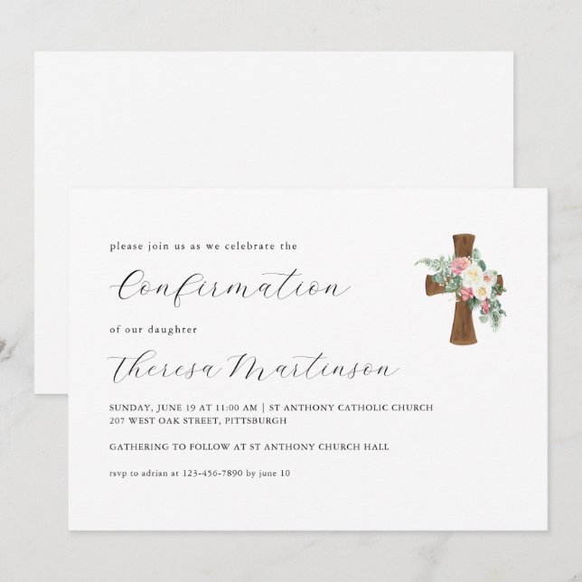 Simple Floral and Cross Calligraphy Confirmation I Invitation (Front/Back)