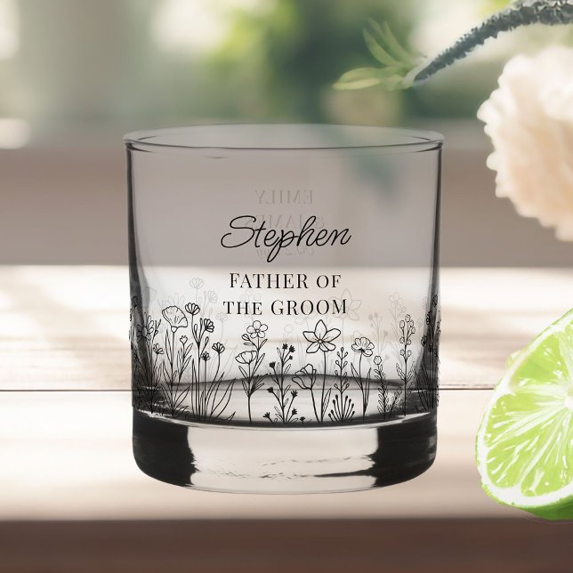 Simple Floral Any Colour Wildflower Wedding Party Whiskey Glass (Rock glass gifts .. personalize for everyone in the wedding party and change to any color)