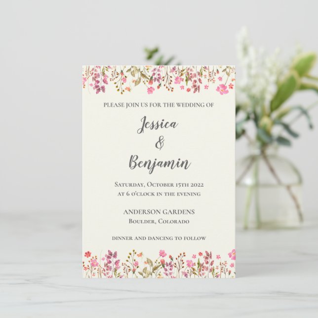 Simple Floral Border Pink Garden Botanical Wedding Invitation (Standing Front)