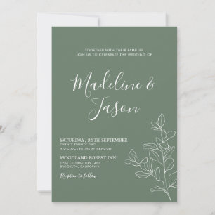 Simple Floral Botanical Deep Sage Green Wedding Invitation