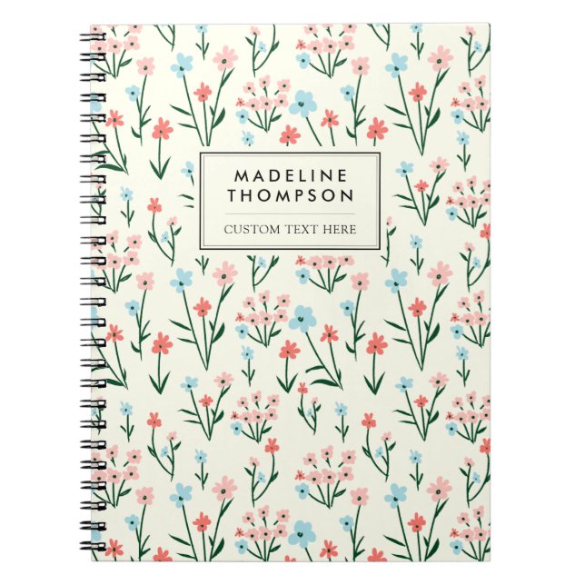Simple Floral Botanical Pink Blue Flower Notebook (Front)