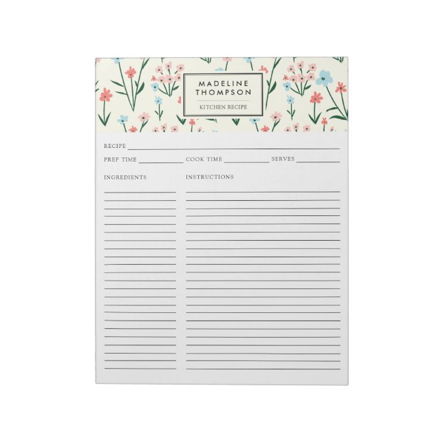 Simple Floral Botanical Pink Blue Flower Recipe Notepad (Rotated)