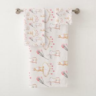 Simple Floral Bunny Pattern Easter Towel Set