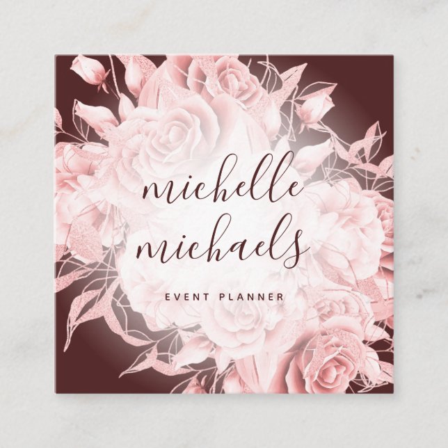 Simple Floral Burgundy & Rose Gold Modern Script Square Business Card (Front)