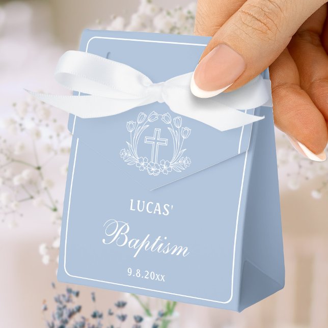 Simple Floral Cross Light Blue Baptism Small Tent Favor Box (Creator Uploaded)