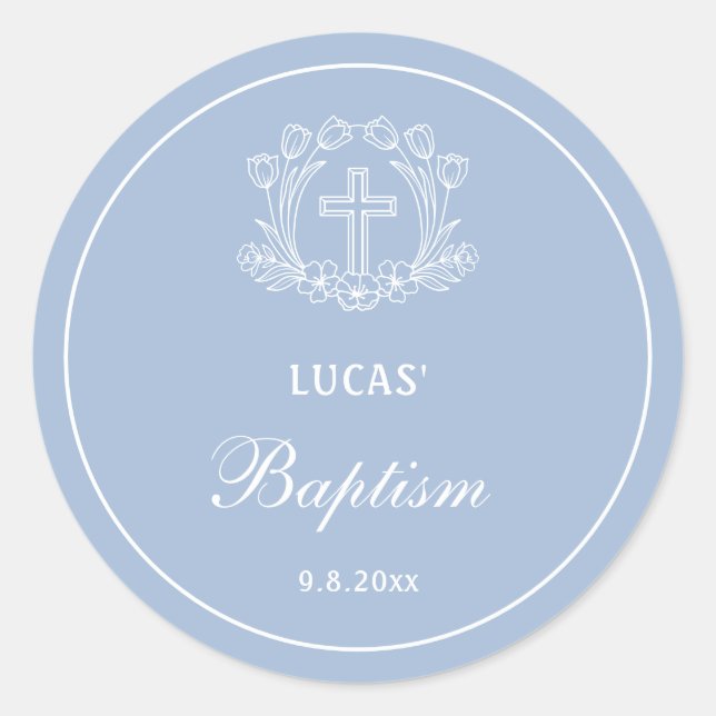 Simple Floral Cross on Light Blue Baptism Classic Round Sticker (Front)