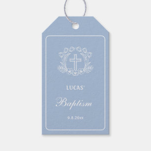 Simple Floral Cross on Light Blue Baptism Gift Tags