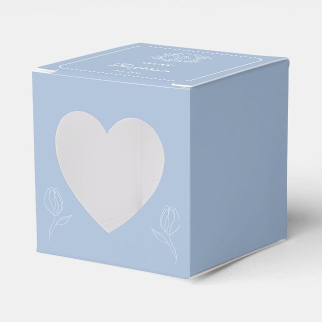 Simple Floral Cross on Light Blue Baptism Heart Favor Box (Front Side)