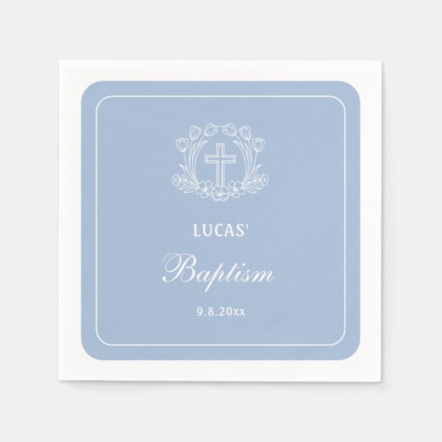 Simple Floral Cross on Light Blue Baptism Napkin (Front)