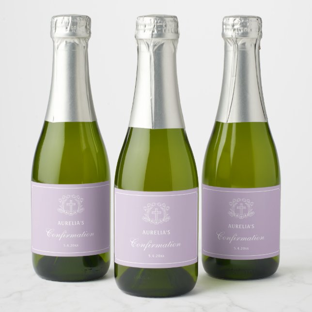 Simple Floral Cross on Lilac Confirmation Sparkling Wine Label (Bottles)