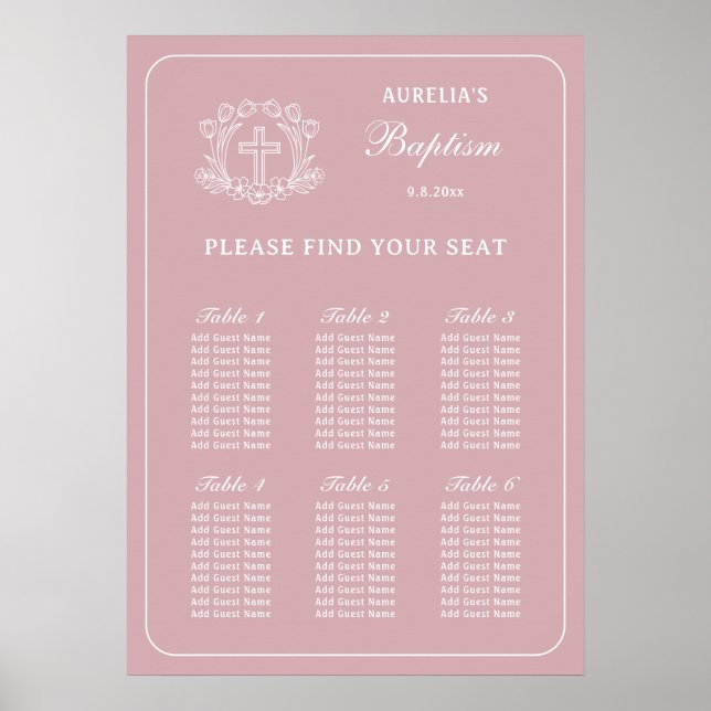 Simple Floral Cross on Pink Baptism Seating Chart (Front)